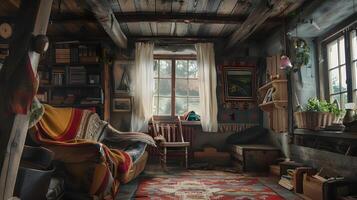 AI generated Warm Rustic Cabin Interior with Hand-Knit Tapestry and Nature View photo