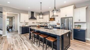 AI generated Elegant Modern Farmhouse Kitchen with Navy Island and Chic Lighting Boasting a Bright, Open Concept Layout photo