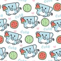 Seamless pattern of cute elephant in square shape with watermelon on white background.Fruit.Heart.Wild animal character cartoon design.Clothing print screen.Baby graphic.Kawaii.Vector vector