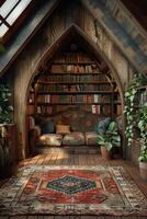 AI Generated Secret attic reading room hidden behind a bookcase3D render photo