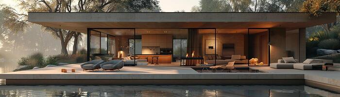 AI Generated Serene lake house with panoramic views and open living spaces3D render photo