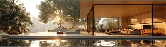 AI Generated Serene lake house with panoramic views and open living spaces3D render photo