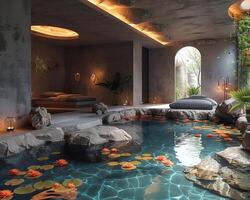 AI Generated Serene water-themed spa with indoor ponds and floating flower arrangements.3D render photo