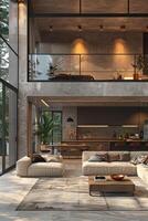 AI Generated Sleek and spacious open-plan living area with floor-to-ceiling windows3D render photo