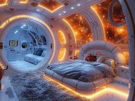 AI Generated Space-themed bedroom with galaxy murals spaceship bed photo