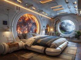 AI Generated Space-themed bedroom with galaxy murals spaceship bed photo