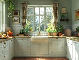 AI Generated Southern-style kitchen with a farmhouse sink and checkered curtains3D render. photo