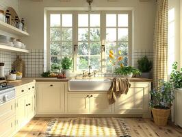 AI Generated Southern-style kitchen with a farmhouse sink and checkered curtains3D render. photo