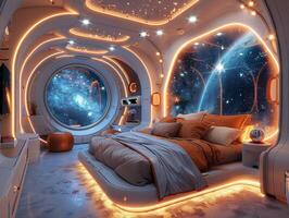 AI Generated Space-themed bedroom with galaxy murals spaceship bed photo