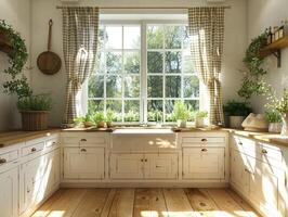 AI Generated Southern-style kitchen with a farmhouse sink and checkered curtains3D render. photo