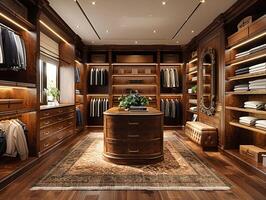 AI Generated Spacious walk-in closet with custom shelving and an island dresser3D render. photo