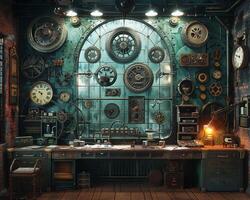 ai generado Steampunk inventores laboratorio con engranajes palancas foto