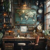 AI Generated Steampunk study with vintage gadgets and brass details3D render photo