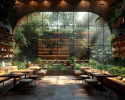 AI Generated Sustainable greenhouse cafe with edible plants growing alongside dining tables.3D render photo