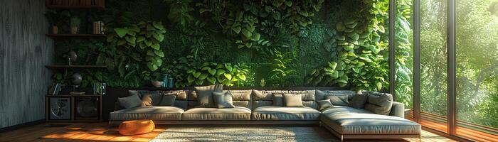 AI Generated Sustainable home interior with recycled materials and green walls3D render photo