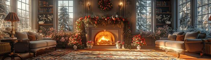 AI Generated Traditional English cottage living room with floral patterns and cozy fireplace3D render photo