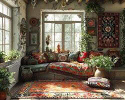 AI Generated Traditional Russian dacha with folk art and a samovar3D render. photo