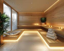 AI Generated Traditional Scandinavian sauna with sleek wood finishes and minimalistic design.3D render. photo