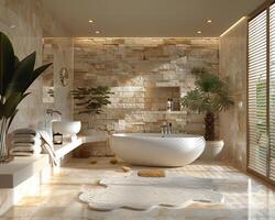 AI Generated Tranquil spa-like bathroom with a freestanding tub and natural stone tiles3D render photo