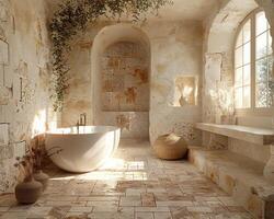 AI Generated Tranquil spa-like bathroom with a freestanding tub and natural stone tiles3D render photo