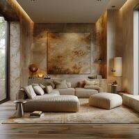 AI Generated Understated luxury hotel suite with subtle textures and neutral tones3D render. photo