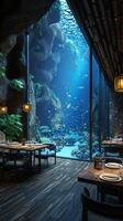 AI Generated Underwater-themed restaurant with aquarium walls and marine decor3D render. photo