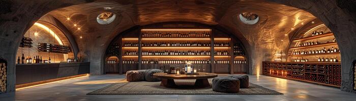 AI Generated Underground wine cellar with vaulted ceilings and tasting tables3D render. photo
