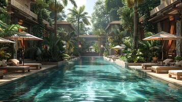 AI Generated Tropical resort pool area with cabanas and a swim-up bar3D render photo