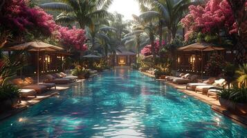 AI Generated Tropical resort pool area with cabanas and a swim-up bar3D render photo