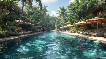 AI Generated Tropical resort pool area with cabanas and a swim-up bar3D render photo