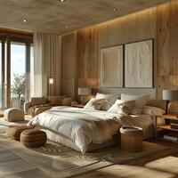 AI Generated Understated luxury hotel suite with subtle textures and neutral tones3D render. photo