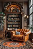 AI Generated Vintage-inspired study with leather-bound books and a classic writing desk3D render photo