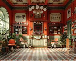 AI Generated Vintage barbershop interior with classic chairs and nostalgic decor3D render photo