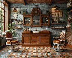 AI Generated Vintage barbershop interior with classic chairs and nostalgic decor3D render photo