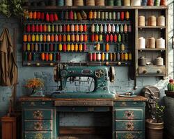 AI Generated Vintage sewing room with antique machines and walls of colorful thread spools.3D render photo