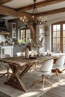 AI Generated Warm and inviting dining room with a rustic farmhouse table and candle chandelier3D render photo