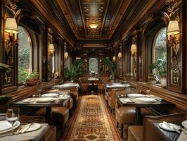 AI Generated Vintage train car dining experience with period details and intimate seating3D render photo