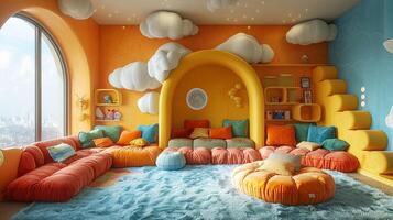 AI Generated Whimsical childrens playroom with bright colors and imaginative decor3D render photo