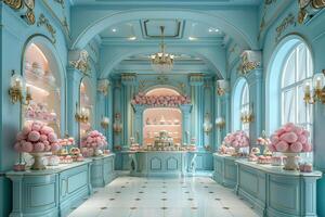 AI Generated Whimsical cake shop with pastel colors and ornate cake stands3D render photo