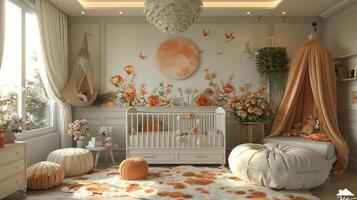 AI Generated Whimsical fairy tale-themed nursery with magical accents and soft colors3D render photo