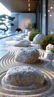 AI Generated Zen rock garden with raked sand and minimalistic sculptures3D render. photo