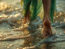 ai generado desnudo pies vadear mediante el mar, con un iluminado por el sol ola creando un espumoso danza de gotas alrededor un verde vestidos dobladillo foto
