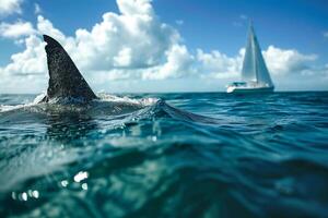 AI generated Shark underwater swim in the sea close to the boat.Generative AI photo