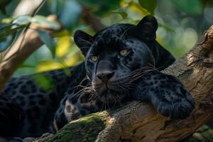 AI generated Black panther in tropical rainforest.Generative Ai photo