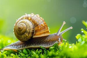 AI generated snail in garden with morning dew.Generative Ai photo