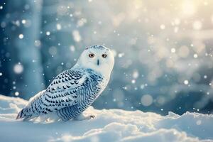 AI generated Snowy owl sitting on the plain with snowflakes.Generative Ai photo