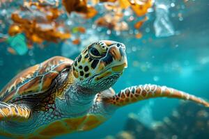 ai generado verde mar Tortuga nadando alrededor el plastico residuos,generativos ai foto