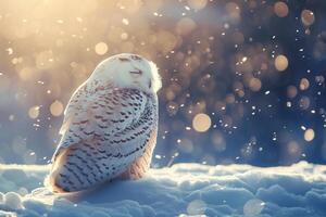 AI generated Snowy owl sitting on the plain with snowflakes.Generative Ai photo