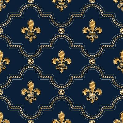 Seamless luxury geometric pattern with jewelry gold chains, beads, Fleur de Li ign. Classic geometric grid ornament.