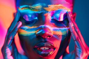 AI generated Black woman with closed eyes holds hands near face and concentrating on something. Creative make-up, vibrant neon colors, close up photo